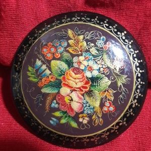 Vintage floral Russian hand-painted wooden brooch